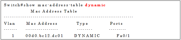 show mac-address-table dynamicコマンドの実行例