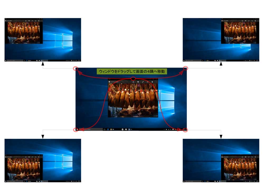 Windows 10デスクトップでは、ウィンドウを画面の四隅へドラッグすると、画面を1/4分割する位置にウィンドウをスナップできる。