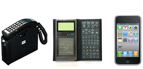 図1: 左から、ショルダーホン（NTT: 100型）、ザウルス（シャープ: PI-7000）、iPhone（米Apple: 3GS）