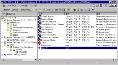 Samba4で構築したActive Directoryへのアクセス。Windows 2000 Professional SP4のマシンからSamba 4.0.0tp4で構築したドメインに参加してActive Directoryの管理ツールでアクセスしたところ。Samba 4.0.0tp5では表示がうまく行えなかった