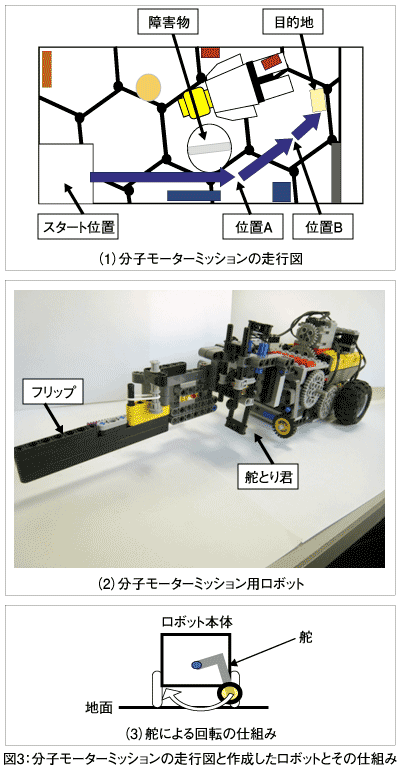図3：分子モーターミッションの走行図と作成したロボットとその仕組み