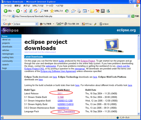 Eclipseと言語パックのダウンロード
