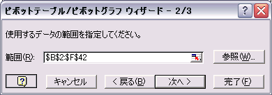 ピボットテーブル／ピボットグラフ ウィザード（2/3）