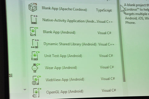 新しいプロジェクトの作成で、テンプレートを「android」で検索したところ。CordovaアプリからWearアプリまである