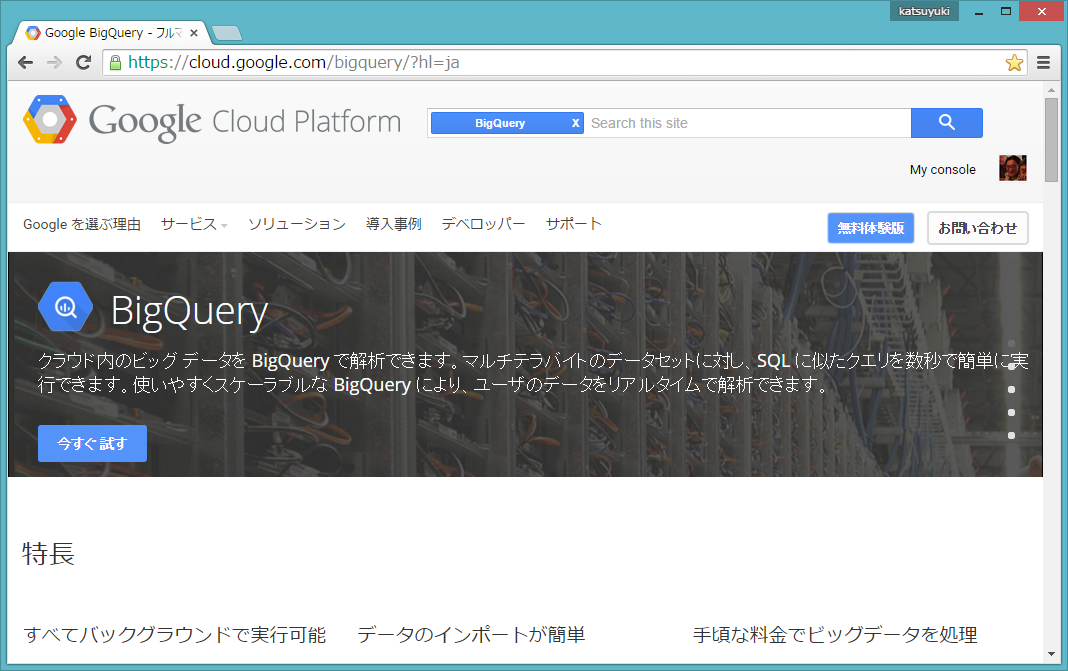 Google Cloud PlatformのBigQueryページ（https://cloud.google.com/bigquery/?hl=ja）