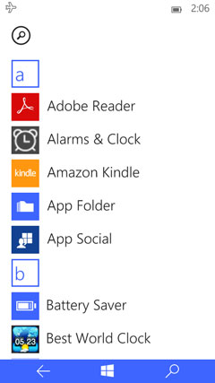Mobileエディションの「すべてのアプリ」−Windows 10 Mobileエディションの「すべてのアプリ」はスタート画面の右側にあり、画面をスワイプさせるなどして表示させます。