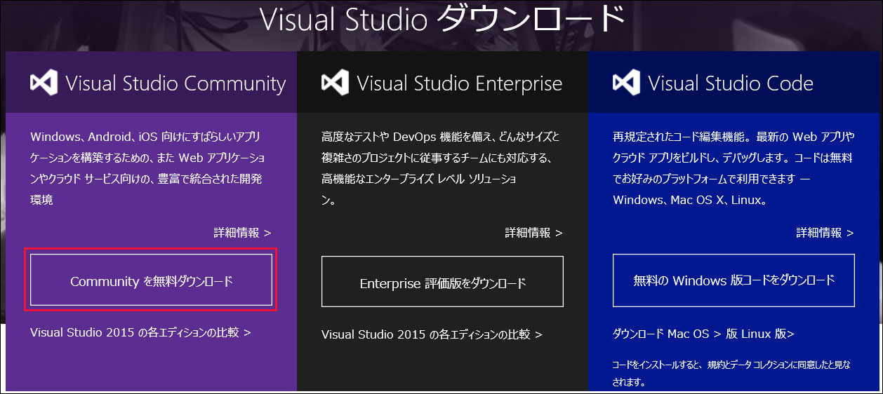 Visual Studio Community 2015のダウンロード画面