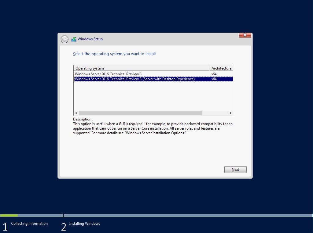 Windows Server 2016 TP3のインストール画面