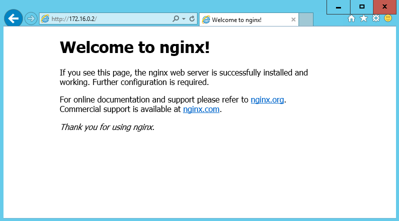 nginxが稼働するコンテナのIPアドレスを指定しWebブラウザからアクセスした様子