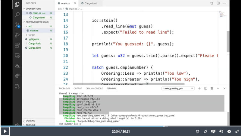 Visual Studio Codeでコードを編集し、ターミナルからコードCargoを実行してビルド、Runまでをデモ