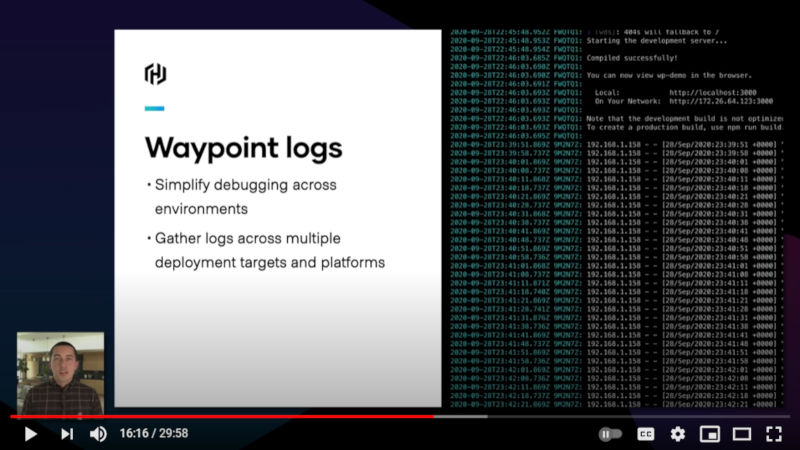「waypoint logs」でアプリケーションのログを確認できる