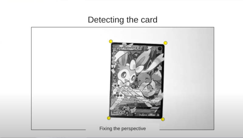 エッジの認識の後に辺の傾きを検知してカード全体を補正する