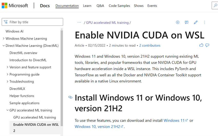Enable NVIDIA CUDA on WSL 2 | Microsoft Docs