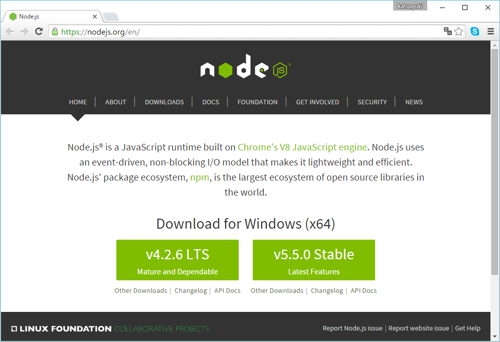 Node.jsの公式サイト（https://nodejs.org/en/