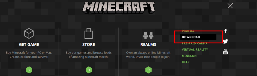 Minecraft公式サイトのメニュー