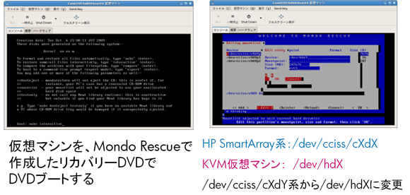 図11: Mondo Rescueにより作成したリカバリDVDをインストール・メディアにして、仮想マシンに対してDVDブートを行う（左）。Mondo Rescueのリカバリ画面で、旧サーバーのRAIDコントローラ配下のデバイス名をKVM仮想マシンで利用するデバイス名/dev/hdXに変更する