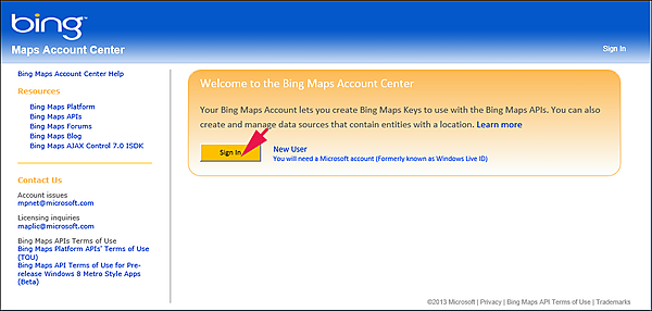 Windows Live ID でBing Maps Account Centerにサインインする