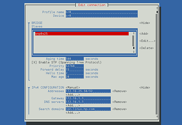 ネットワークの設定を行うGUIツールnmtuiでブリッジインタフェースbr0を設定している様子