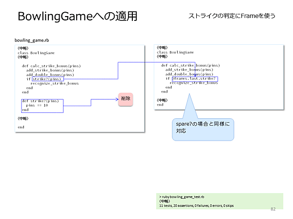 strike?メソッドもBowlingGameクラスに組み込みつつ、リファクタリング（クリックで拡大）