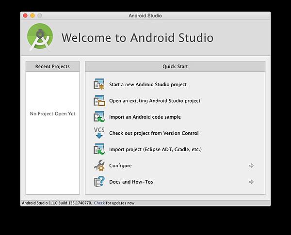 初期設定がすべて終わり、Android Studioの画面が表示される