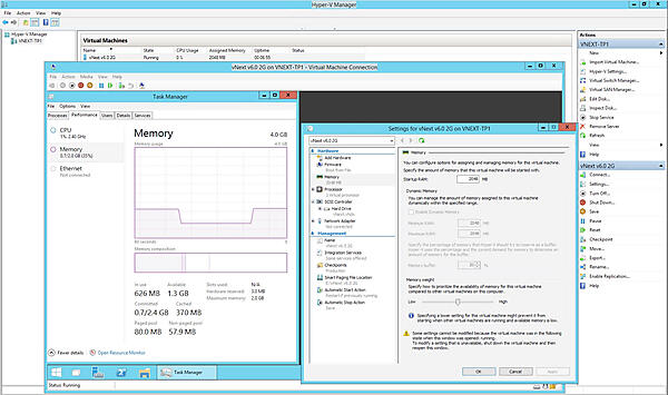仮想マシンメモリ量の増減：仮想マシンのメモリを2GBから、4GBへ追加の後、2GBへメモリを減らした場合。タスクマネージャーでは動的にメモリ量が変化しているのが確認できる。