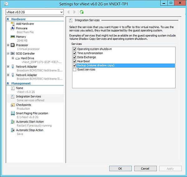 プロダクションチェックポイント用の設定：統合サービスメニューで「バックアップ（ボリューム シャドウコピー）」を有効にする必要がある。