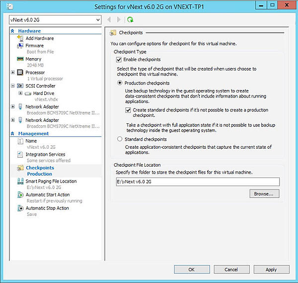チェックポイントの設定：仮想マシンの設定メニューにチェックポイントの設定メニューが追加された。