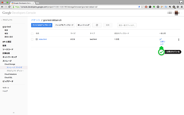 コマンドラインで設定した公開設定も反映されている