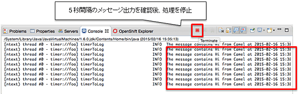 サンプルルートが出力しているメッセージがコンソールに表示されている