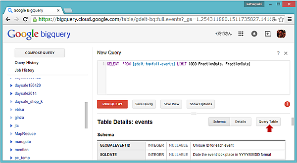  「Query Table」クリックでの画面表示