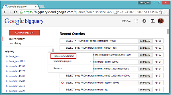 「Create new dataset」をクリック