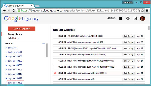  生成されたdataset（daysale150419）が左ペインに表示される