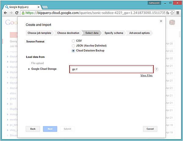 「Cloud Datastore Backup」選択後の画面表示