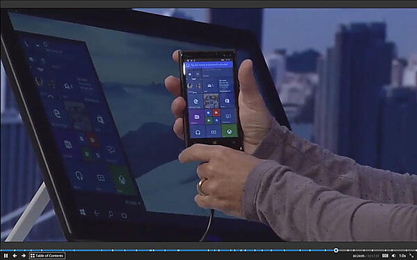 外部モニターで表示した場合のスタート画面−Windows 10 Moblieデバイスを外部モニターに接続するスタート画面が外部モニター上ではスタートメニューのように表示されます。