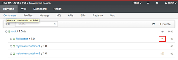 filelistenerコンテナが確認できる。らくだのマークはCamelルートであることを表す