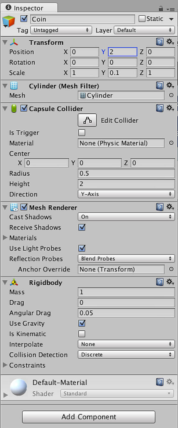 CoinにRigidbodyを付けたあとのインスペクタ