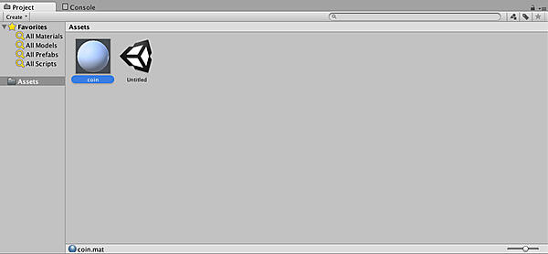マテリアルの作成後、Assetsの中にcoinマテリアルが現れる
