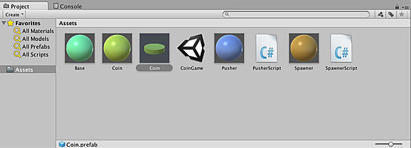 Prefab化されたコインがプロジェクトウィンドウに表示される