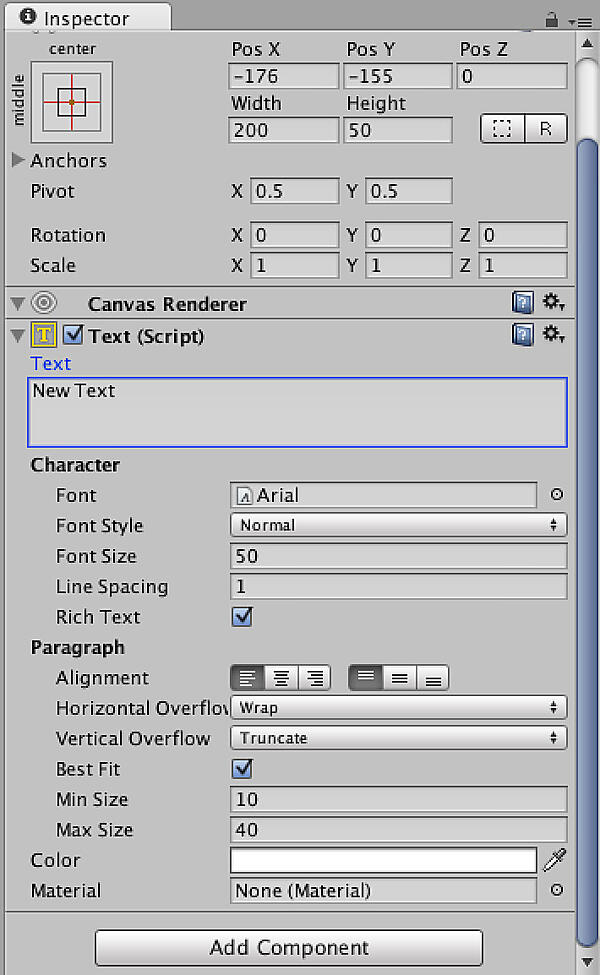 ScoreTextのインスペクタウィンドウ