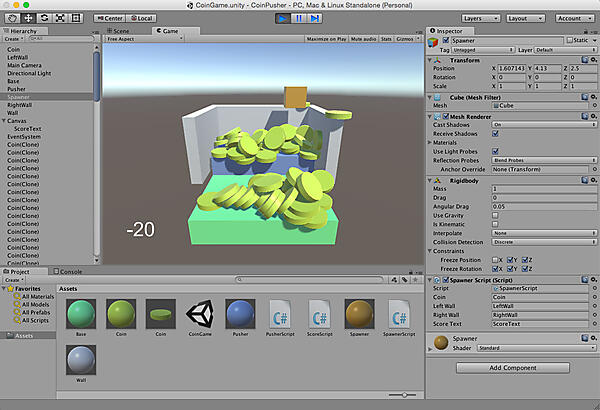 左下に設置したScoreTextが減点されていく様子