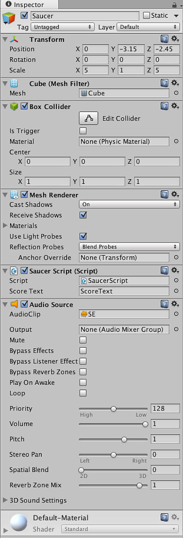 Saucerのインスペクタウィンドウの状態（Audio Source追加後）
