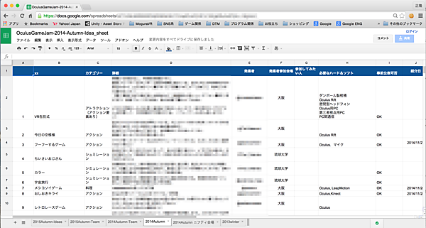 「Oculus Game Jam 2014」で実際に使われたアイディアシート（Google Sheet）