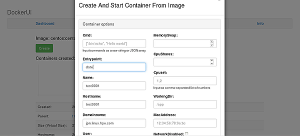 DockerUIでコンテナのパラメータを入力