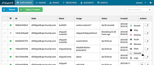 Shipyardでコンテナtest0001のコンソールを表示