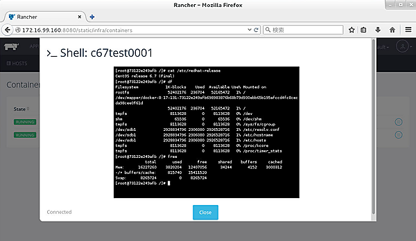 コンテナc67test0001のコマンドプロンプトでOSバージョンを確認