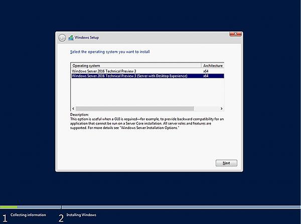 Windows Server 2016 TP3のインストール画面