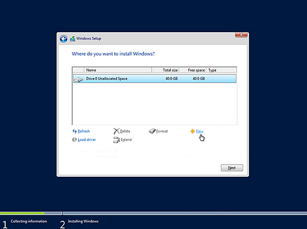 OS用のディスクの選択とパーティション作成_40GB