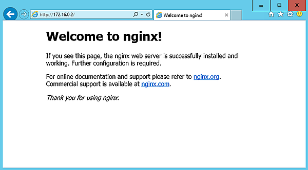nginxが稼働するコンテナのIPアドレスを指定しWebブラウザからアクセスした様子