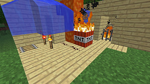 保護の例。火でブロックが焼失しない設定や回路などが水流で流れない設定等