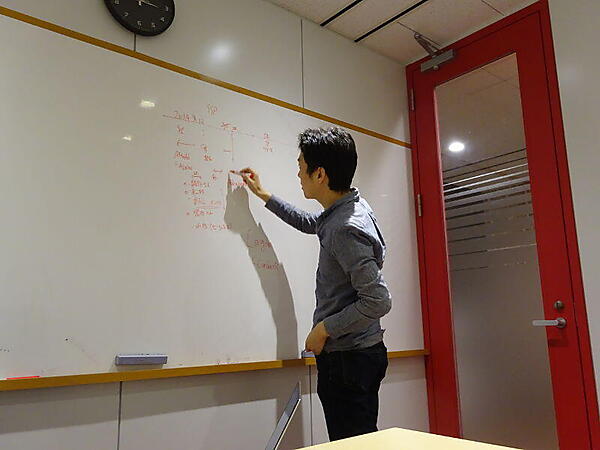 システムをホワイトボードに書いて説明する松村氏。「話すより楽だから」だそうだ
